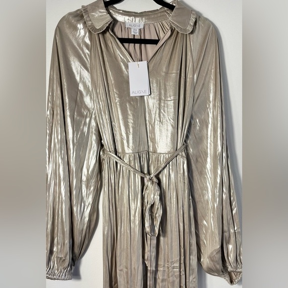 Aligne Anthropologie Champagne shiny Foil Gavid Dress gown UK10 /US 6 - Picture 7 of 10
